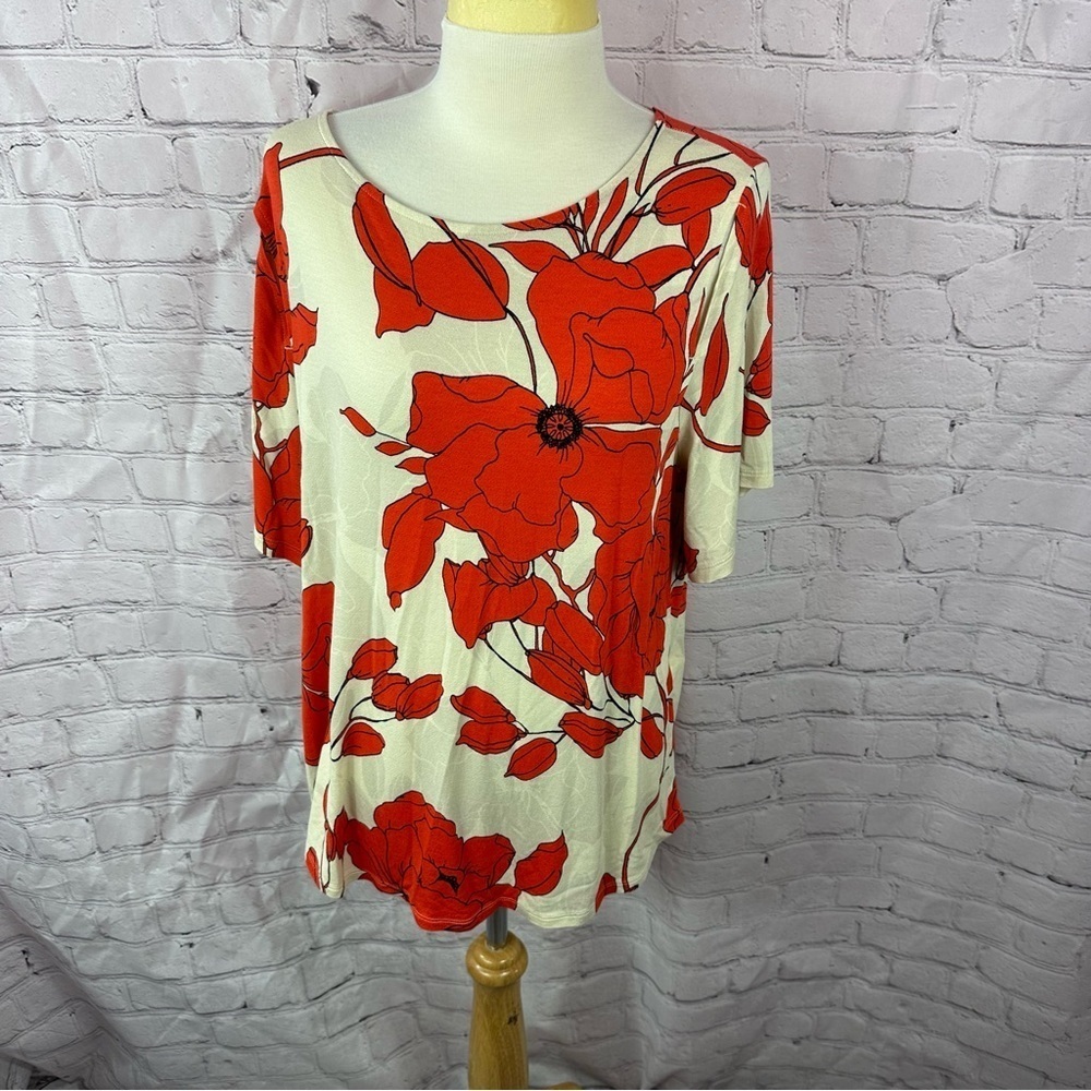 Chico's Red cream Floral peekaboo sleeve Blouse sz 2 (L 12) flutter sleeve